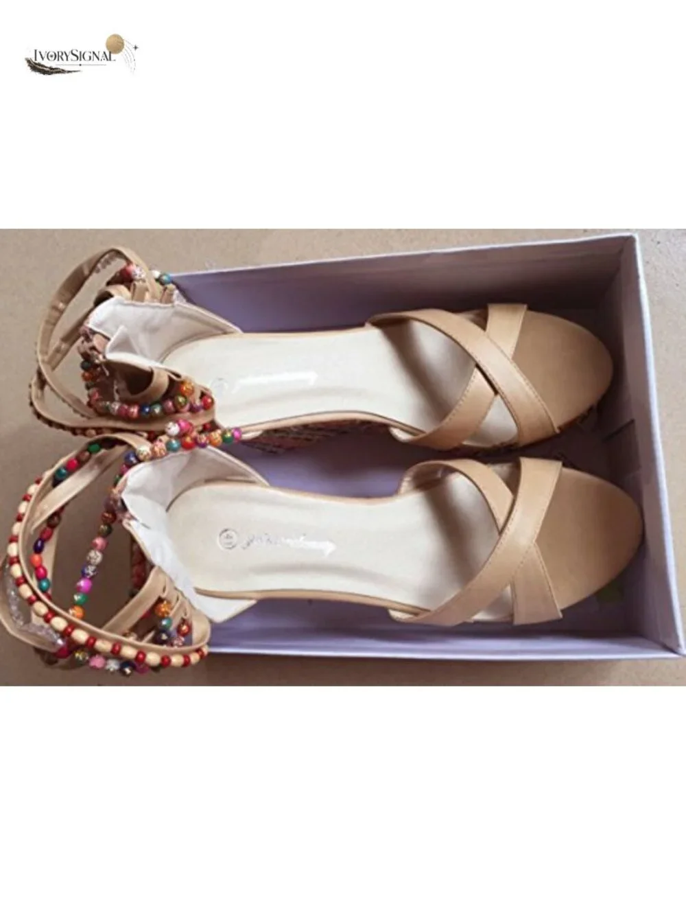Women's Platform Wedge Sandals with Pearls, High Heel, Ankle Strap